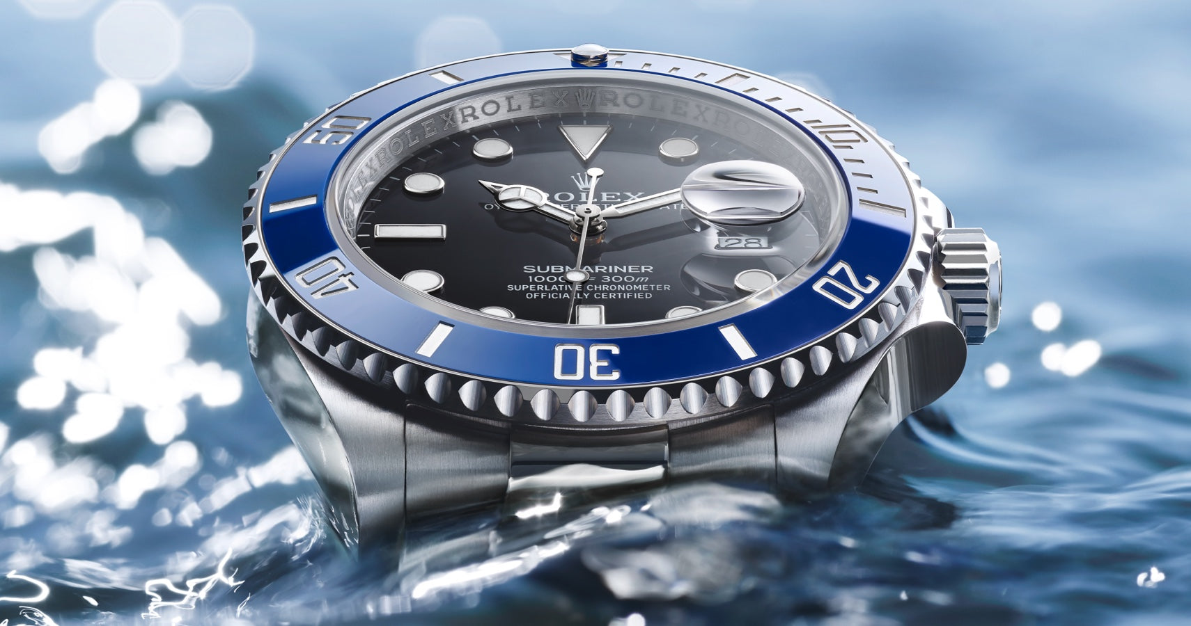 Blue Bezel Detail on Rolex Submariner in Water