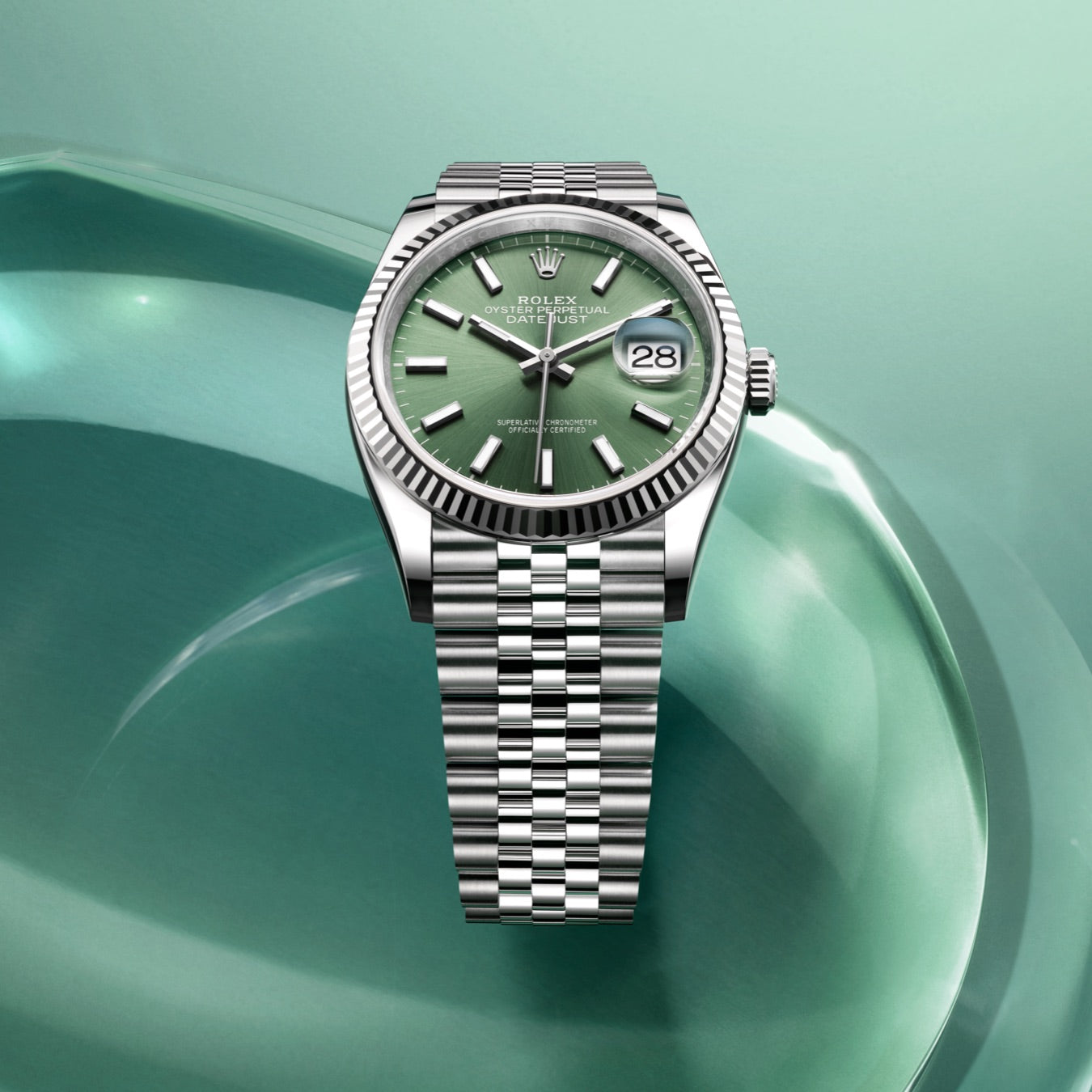 Rolex Datejust with Green Dial and Fluted Bezel at Fink's Jewelers