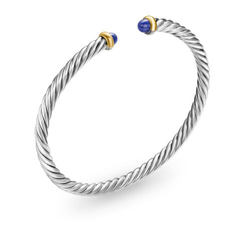 Cable Flex Bracelet in Sterling Silver with 14K Yellow Gold and Lapis  Lazuli, 4mm