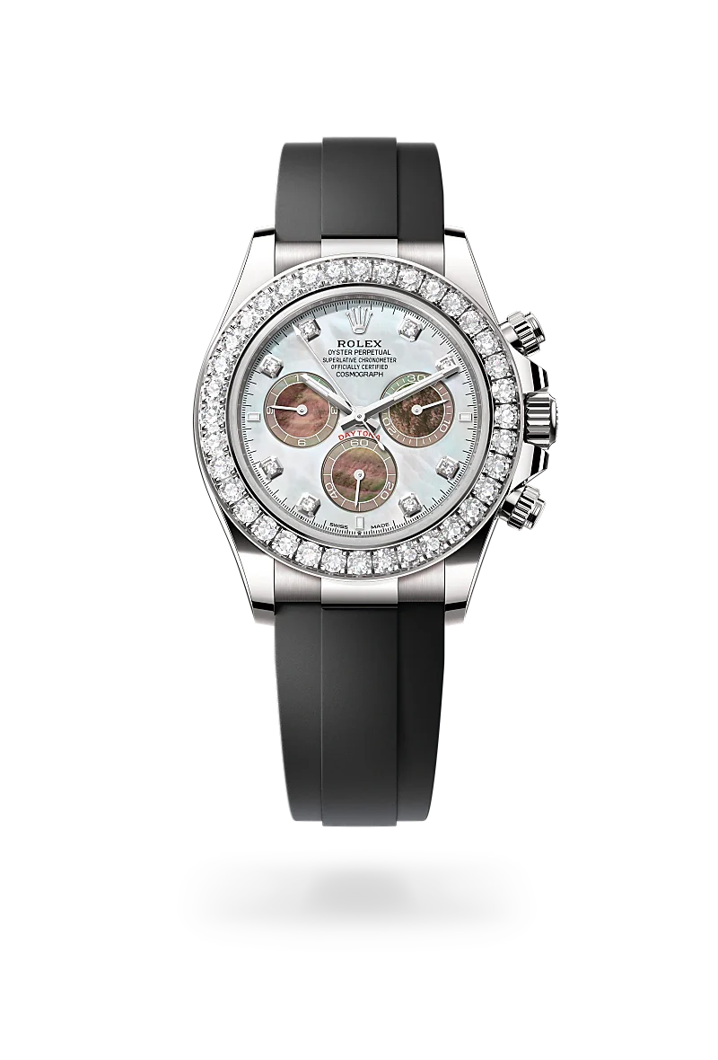 Rolex Cosmograph Daytona in White Gold and Diamonds, m126589rbr-0001 Upright with Shadow - Fink's Jewelers