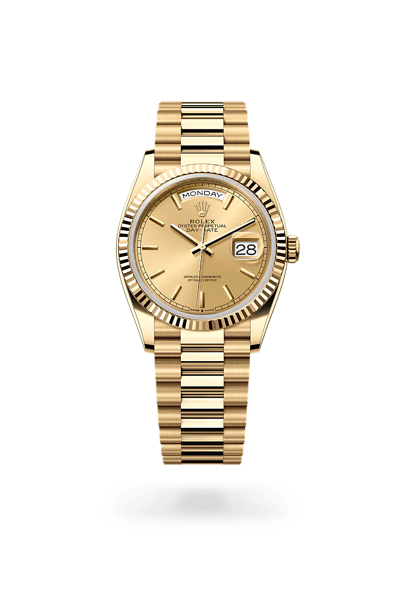 Rolex Day-Date 36 in Yellow Gold, m128238-0045 Upright with Shadow - Fink's Jewelers