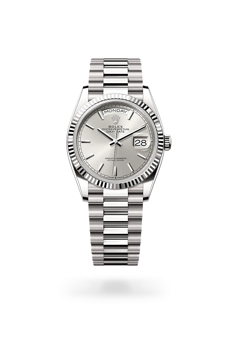 Rolex Day-Date 36 in White Gold, m128239-0005 Upright with Shadow - Fink's Jewelers