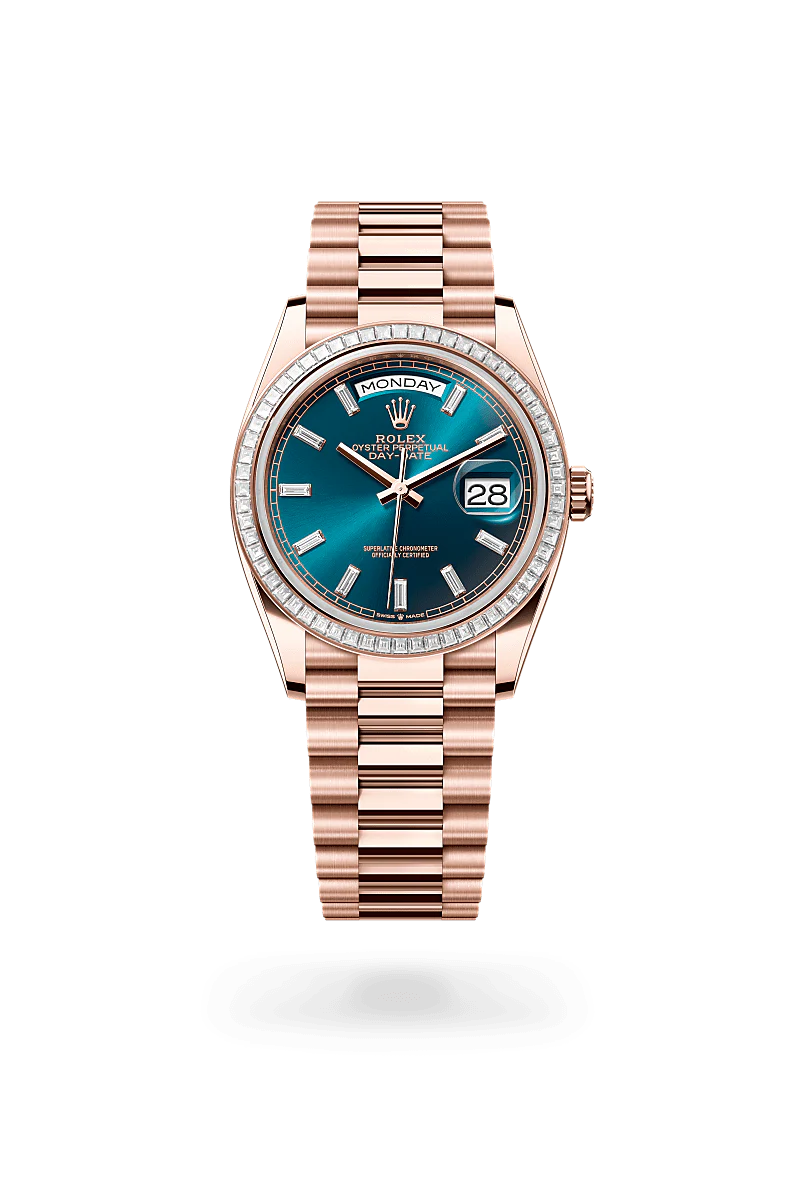 Rolex Day-Date 36 in Everose Gold and Diamonds, m128395tbr-0032 Upright with Shadow - Fink's Jewelers