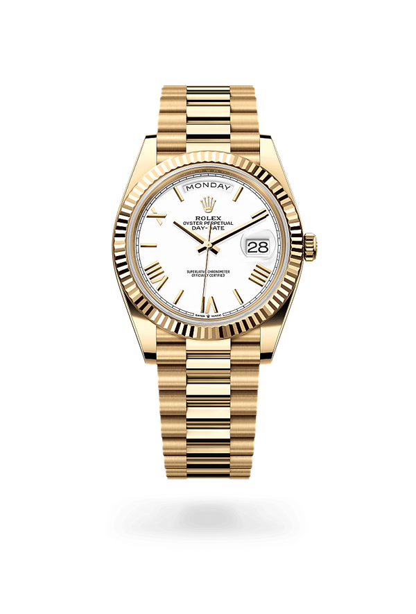 Rolex Day-Date 40 in Yellow Gold, m228238-0042 Upright with Shadow - Fink's Jewelers