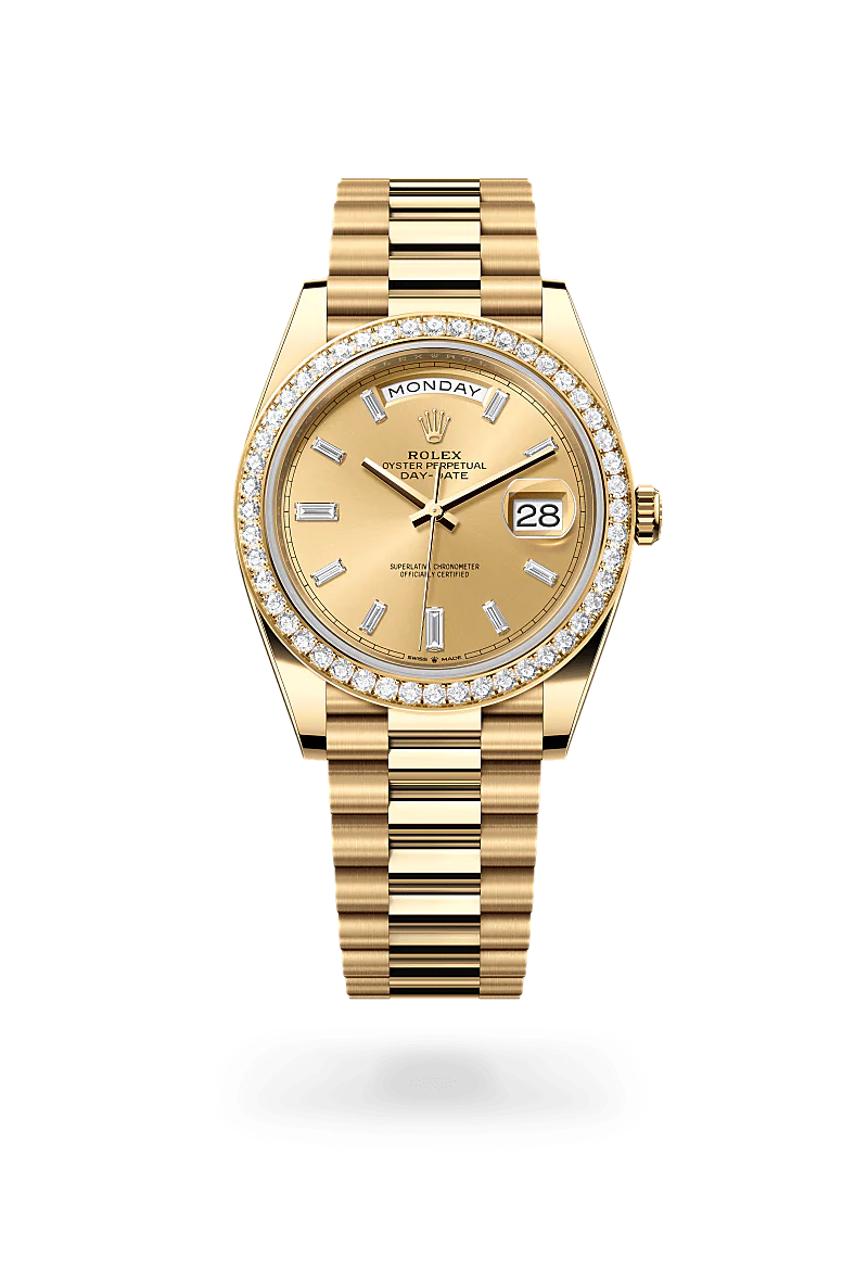 Rolex Day-Date 40 in Yellow Gold and Diamonds, m228348rbr-0002 Upright with Shadow - Fink's Jewelers