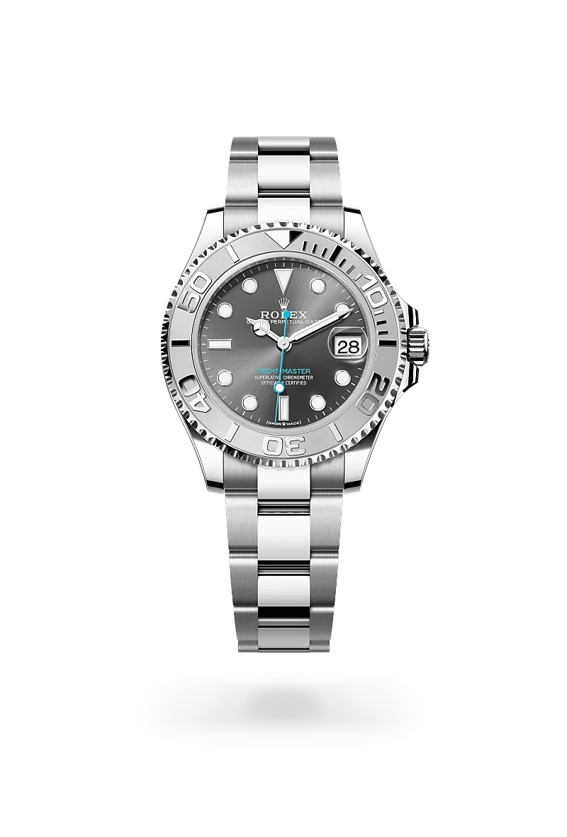 Rolex Yacht-Master 37 in Oystersteel and Platinum, m268622-0002 Upright with Shadow - Fink's Jewelers