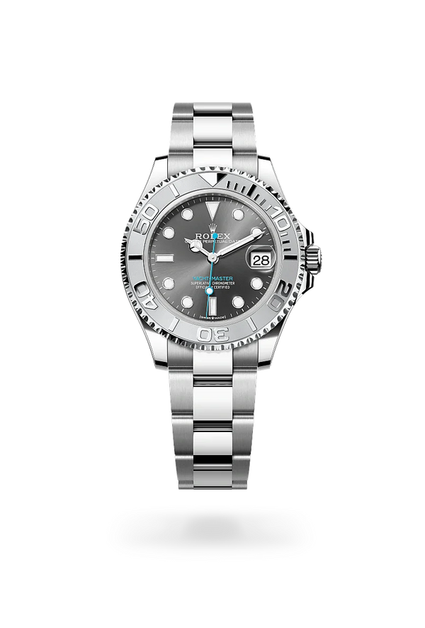 Rolex Yacht-Master 37 in Oystersteel and Platinum, m268622-0002 Upright with Shadow - Fink's Jewelers