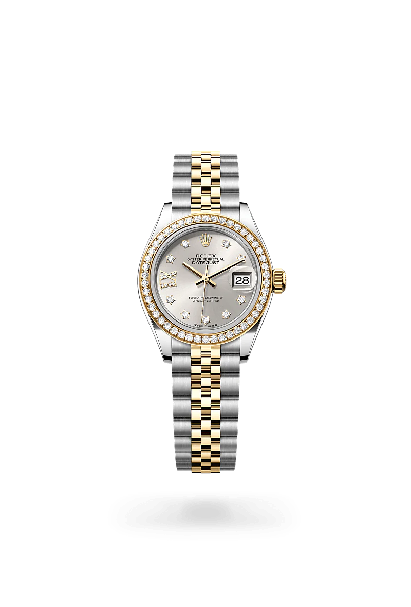Rolex Lady-Datejust in Oystersteel, Yellow Gold and Diamonds, m279383rbr-0003 Upright with Shadow - Fink's Jewelers