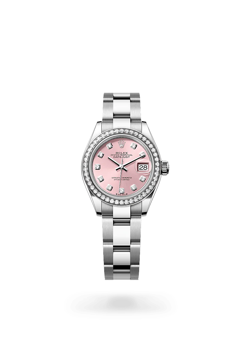Rolex Lady-Datejust in Oystersteel, White Gold and Diamonds, m279384rbr-0004 Upright with Shadow - Fink's Jewelers