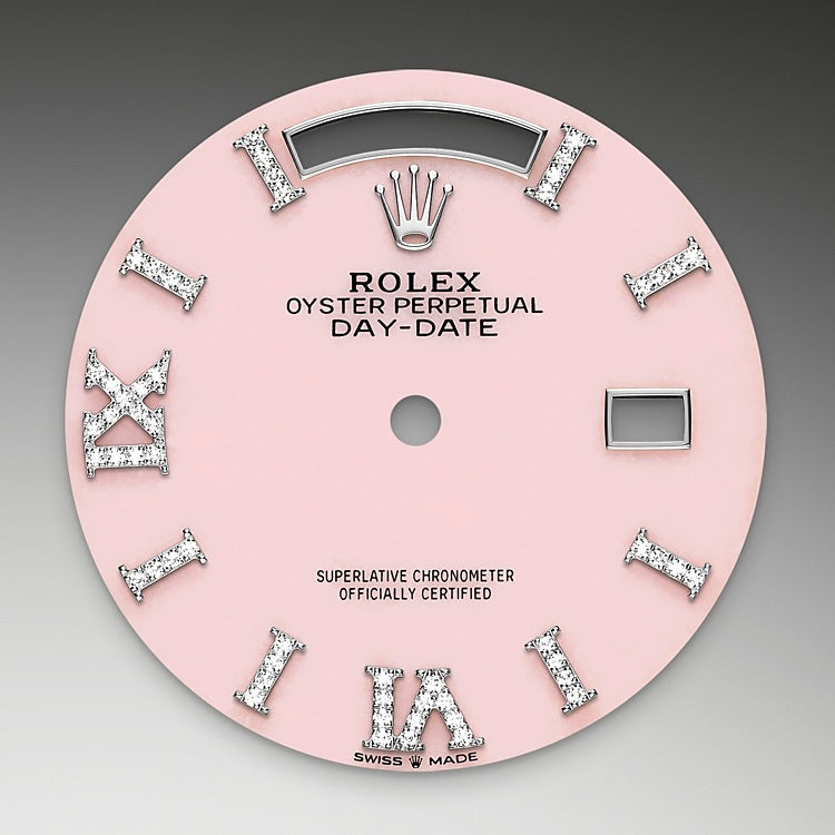 Pink Opal Dial on Rolex Day-Date 36 in White Gold and Diamonds - M128349RBR-0008 at Fink's Jewelers