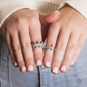 Ruby, diamond and emerald rings set in white gold from Fink's Jewelers