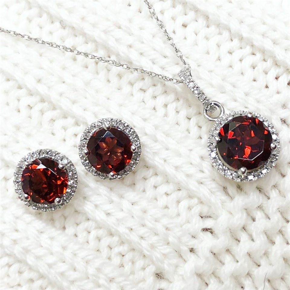 Garnet January birthstone stud earrings and pendant with diamonds