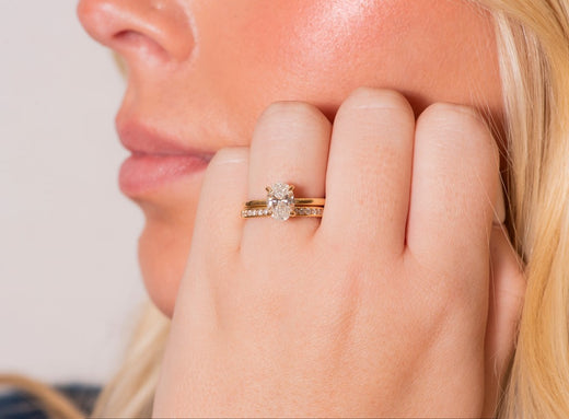 Beautiful Yellow Gold and Diamond Engagement Ring and Wedding Band on Model