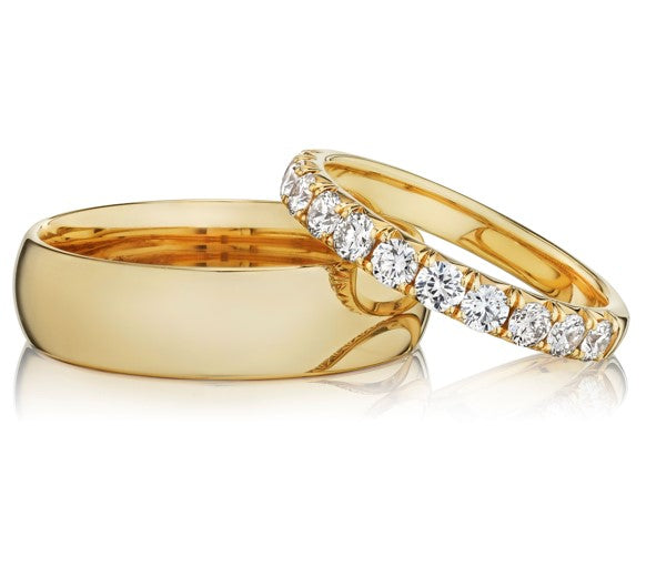 Yellow gold men's and women's wedding bands