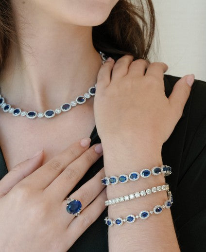 Sapphire and diamond necklace, bracelet and ring from Fink's Jewelers
