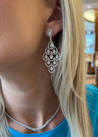 Woman Wearing Dangle Earrings with Diamond Necklace