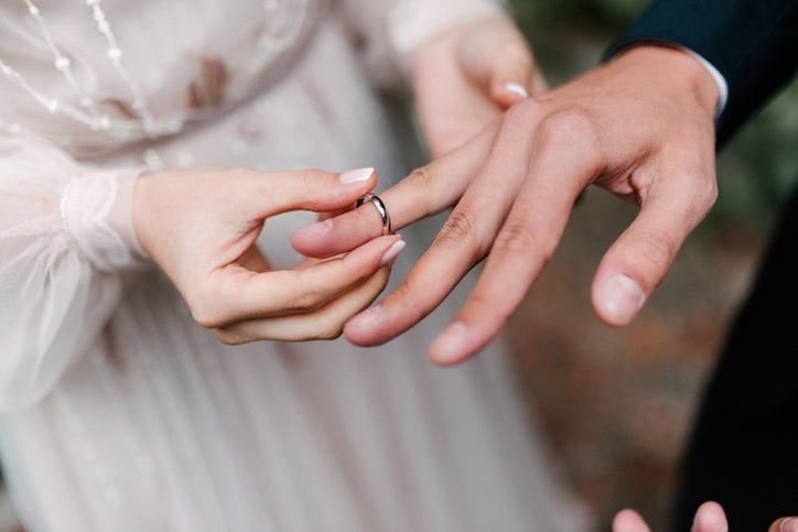 Bride placing wedding band on groom's finger