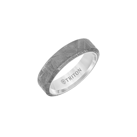 Triton Men's 6mm Carved Tungsten Carbide Wedding Band with Meteorite Flat Profile and Bevel Edge