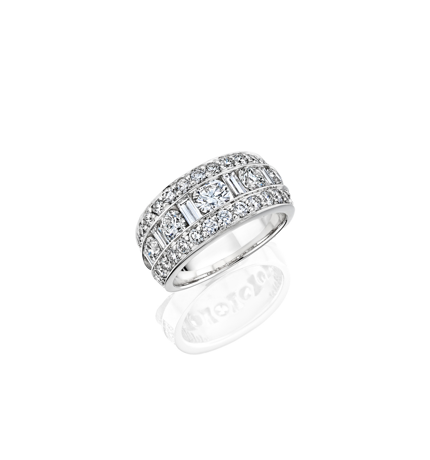Sabel Collection 18K White Gold Wide Round and Baguette Diamond Ring