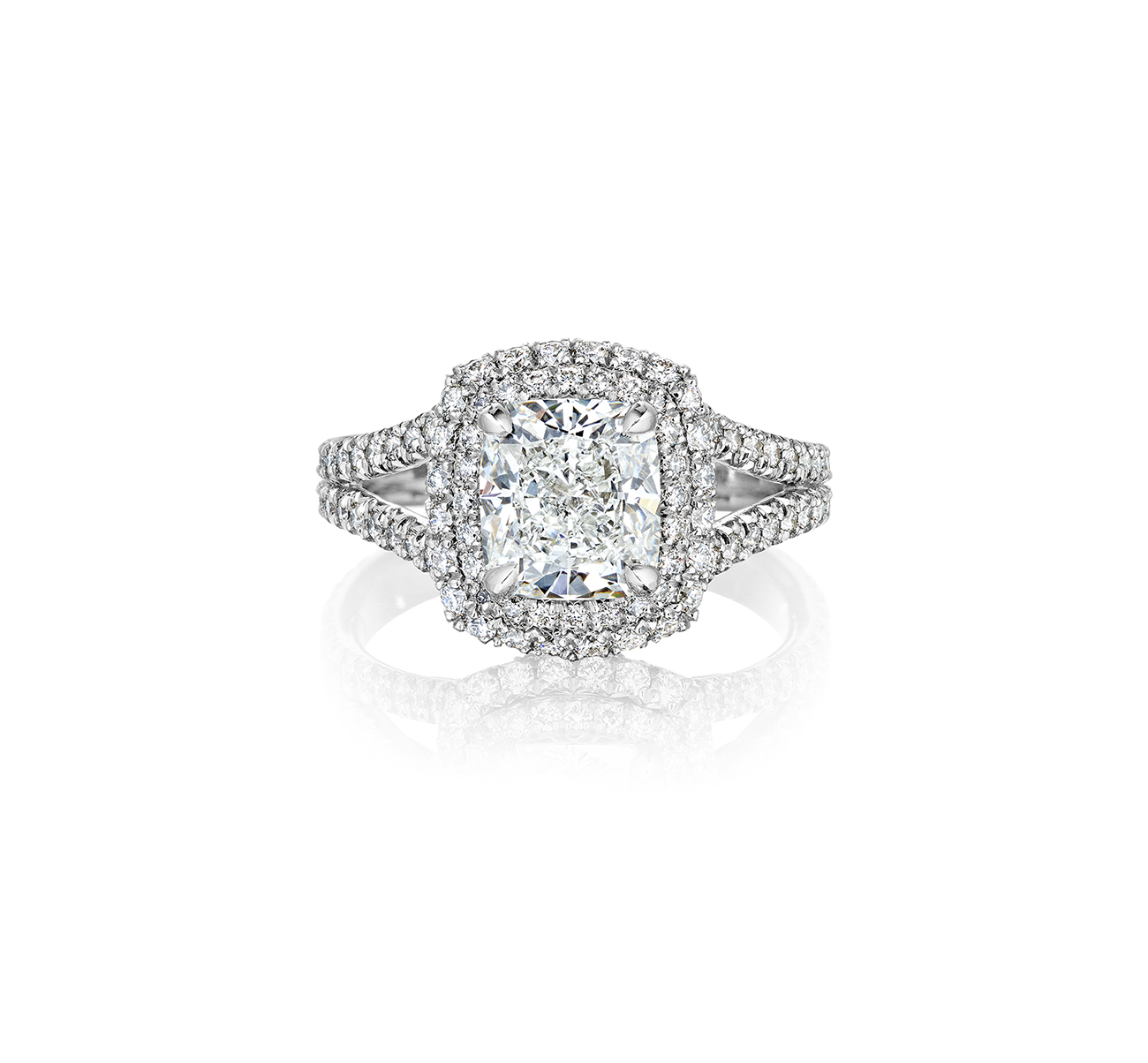 Fink's Exclusive Platinum Cushion Cut Diamond Double Halo and Split Shank Engagement Ring