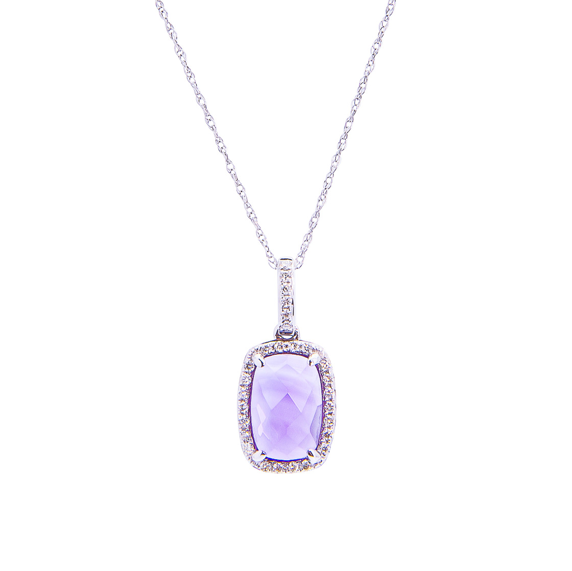 Sabel Collection 14K White Gold Cushion Cut Amethyst and Diamond Pendant