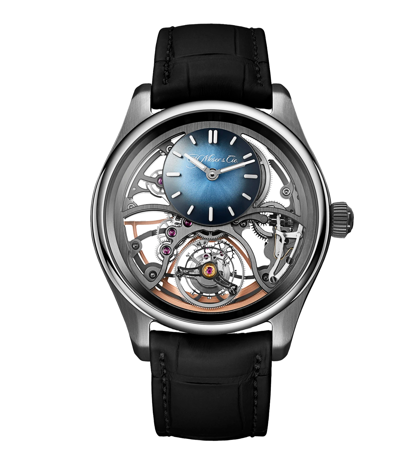 H. Moser & Cie. Pioneer Cylindrical Tourbillon Skeleton 43mm Watch with Leather Strap