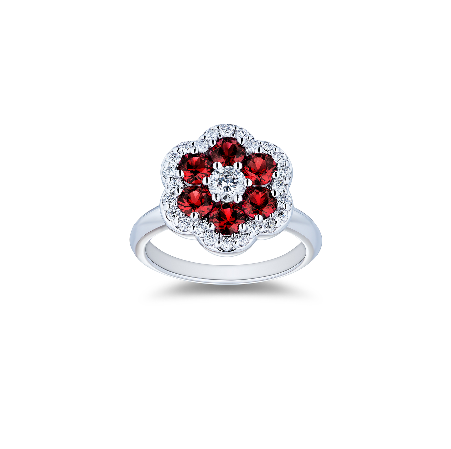 18K White Gold Ruby and Diamond Flower Ring