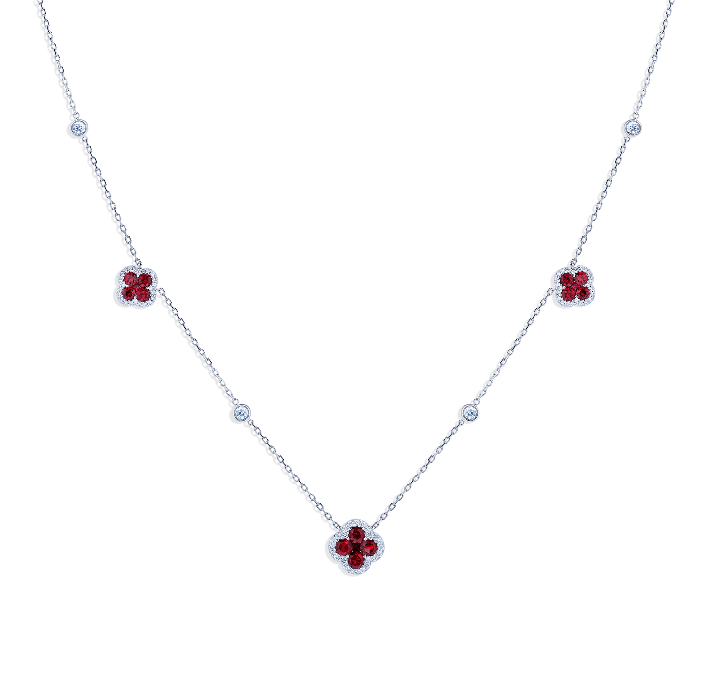 Sabel Collection White Gold Diamond and Ruby Flower Station Necklace