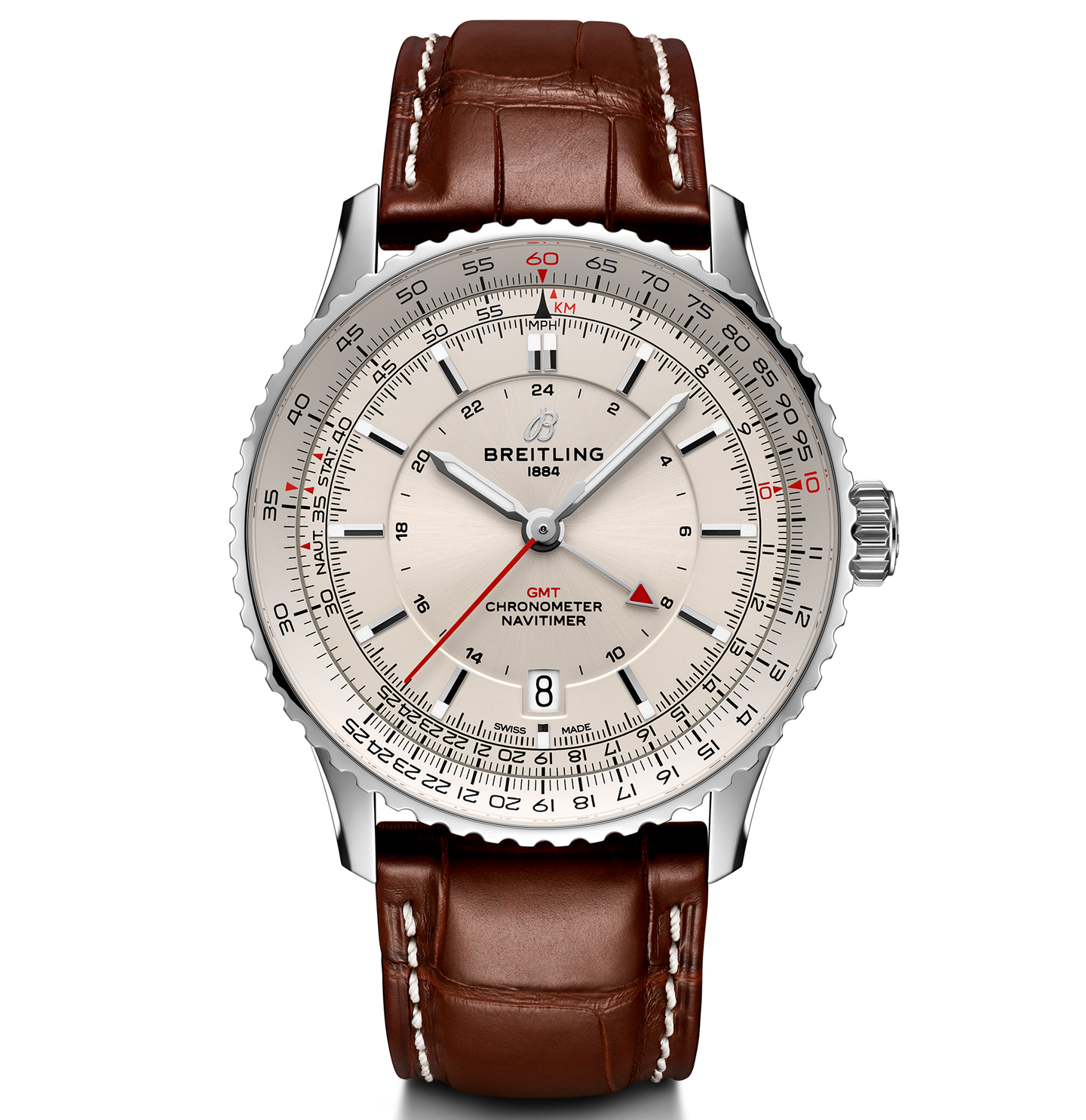 Breitling Navitimer Automatic GMT 41 Watch with Brown Leather Strap