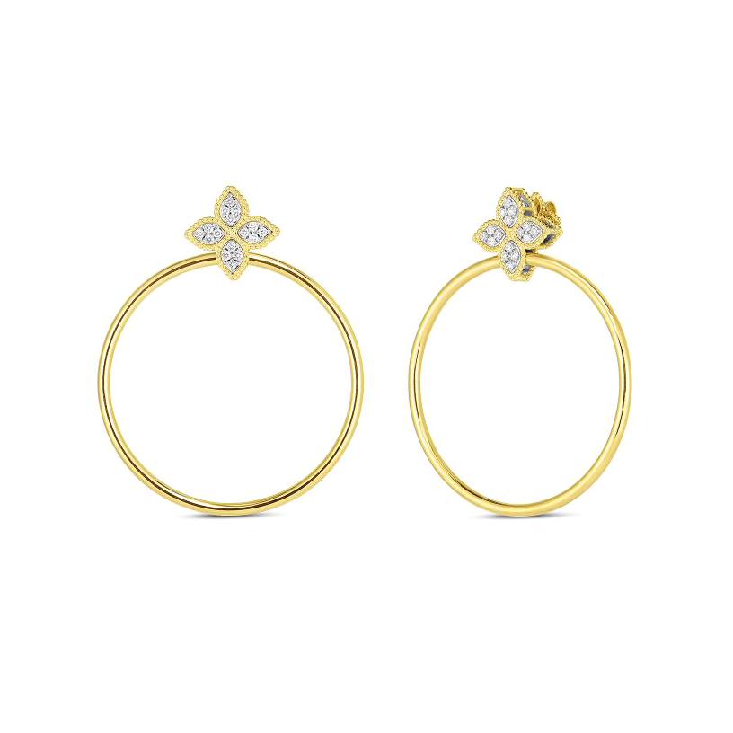 Roberto Coin Princess Flower 18K Yellow Gold Diamond Flower Earrings with Attached Hoops