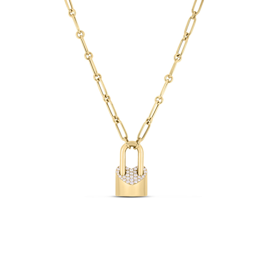 Roberto Coin Designer Gold Heart Lock Necklace with Diamonds