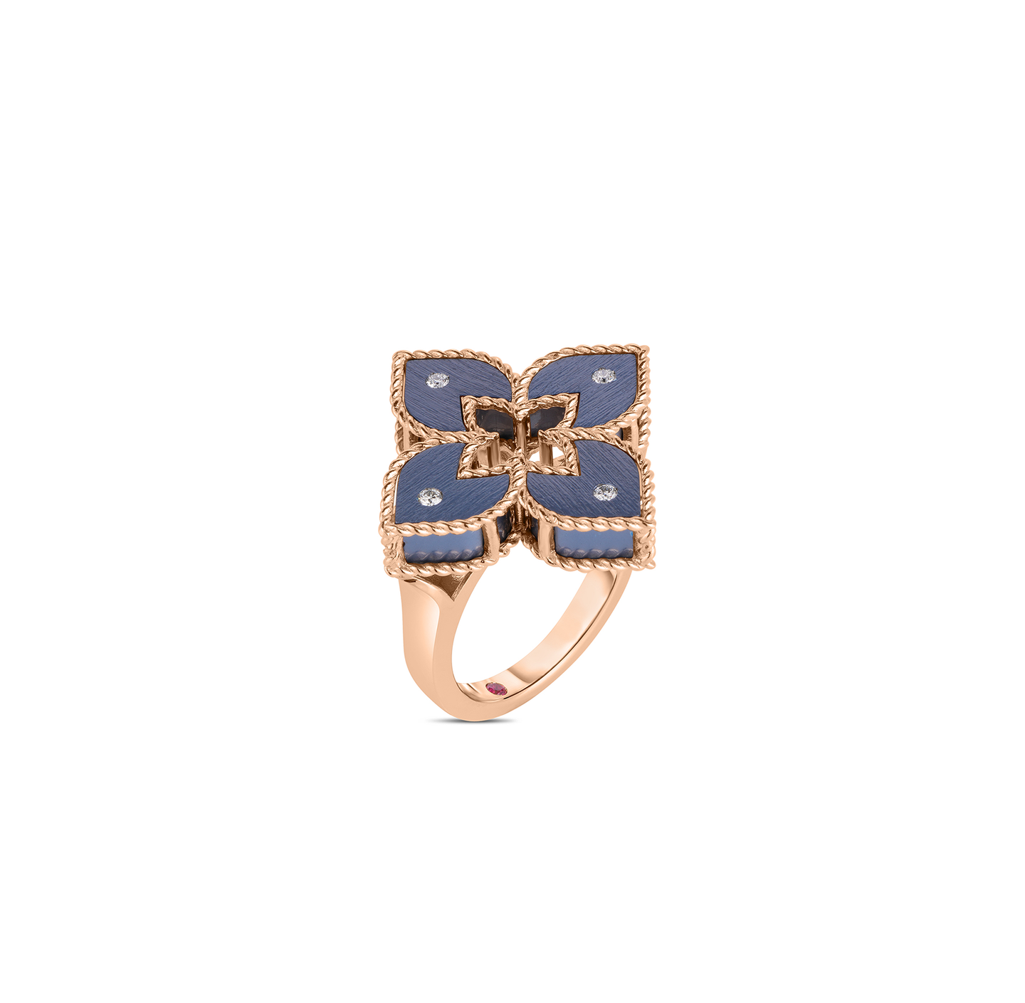 Roberto Coin Venetian Princess Blue Titanium and Diamond Flower Ring in Rose Gold