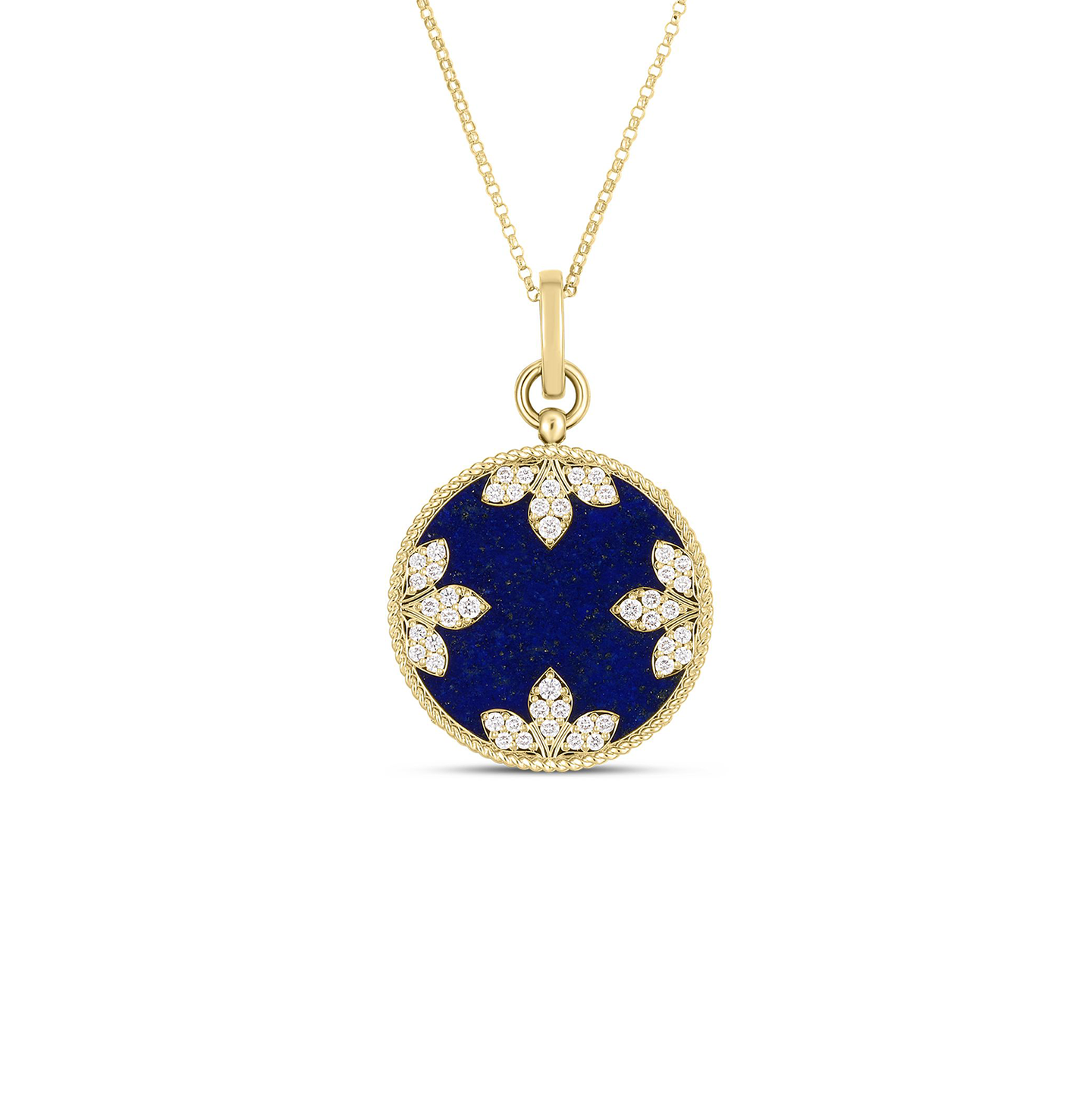 Roberto Coin Medallion Charms Yellow Gold Lapis Necklace with Diamond Flowers