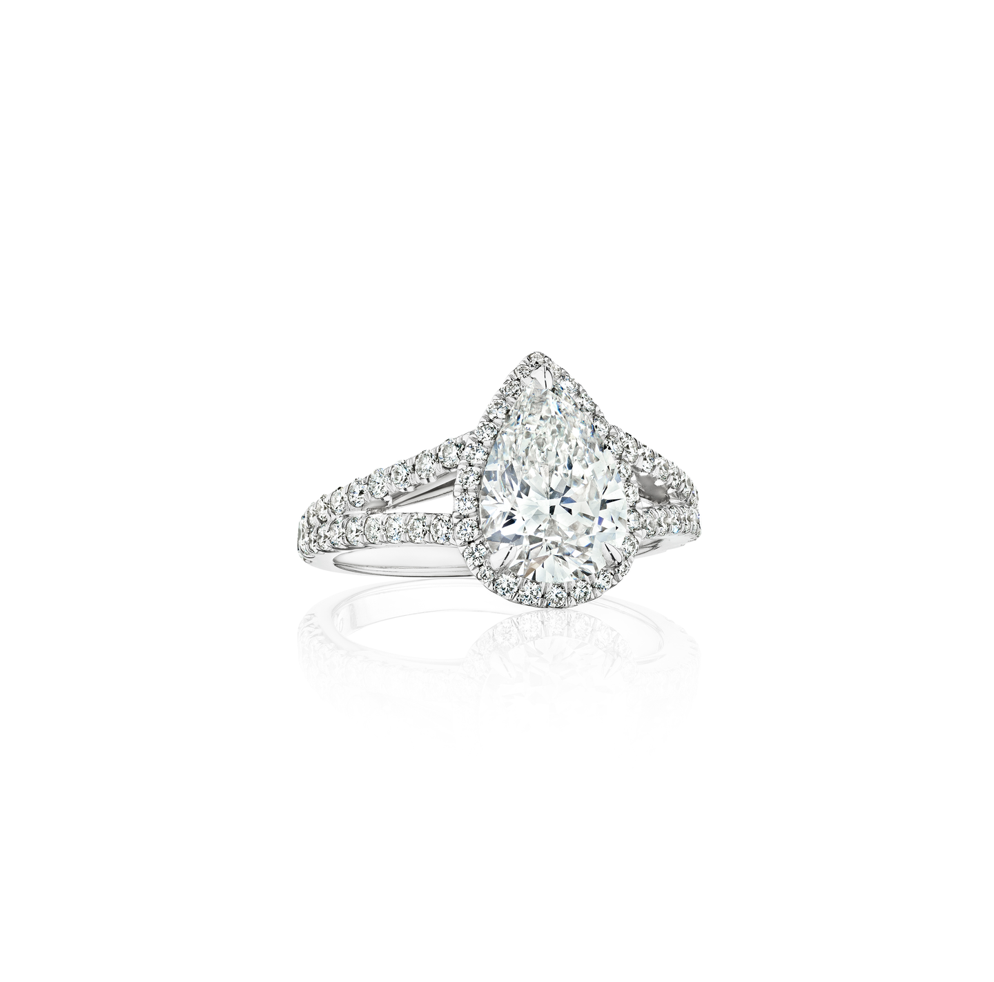 Fink's Exclusive Platinum Halo Pear Shape and Split Shank Diamond Engagement Ring