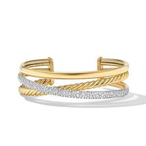 Pavé Crossover Three Row Cuff Bracelet in 18K Yellow Gold with Diamonds, Size Large
