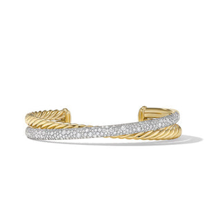 Pavé Crossover Two Row Cuff Bracelet in 18K Yellow Gold with Diamonds, Size Medium