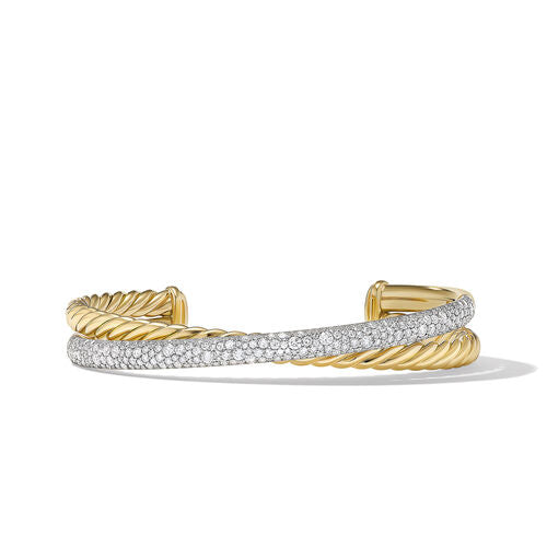 Pavé Crossover Two Row Cuff Bracelet in 18K Yellow Gold with Diamonds, Size Large