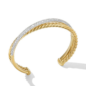 Pavé Crossover Two Row Cuff Bracelet in 18K Yellow Gold with Diamonds, Size Large