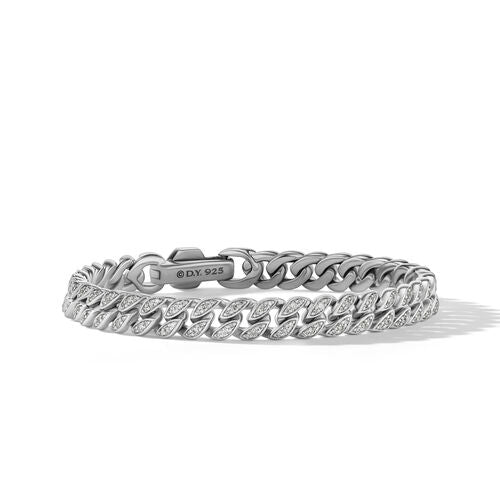 Curb Chain Bracelet in Sterling Silver with Pavé Diamonds, Size Large