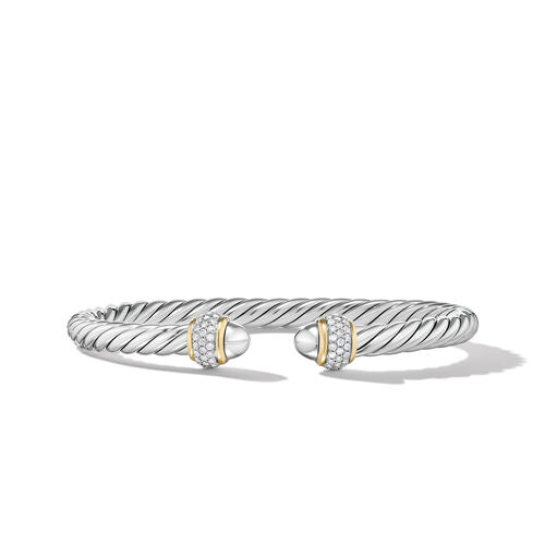 Cable Bracelet in Sterling Silver with 18K Yellow Gold and Diamonds, Size Large