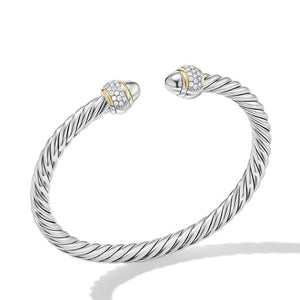 Cable Bracelet in Sterling Silver with 18K Yellow Gold and Diamonds, Size Large