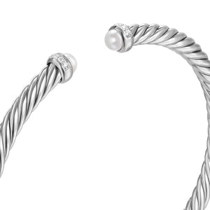 Cablespira Flex Bracelet in Sterling Silver with Pearls and Diamonds, 4mm, Size Small