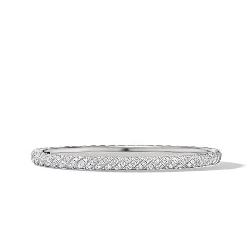 Sculpted Cable Bangle Bracelet in 18K White Gold with Diamonds, Size Medium