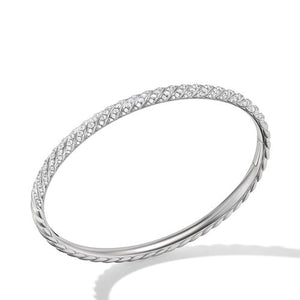 Sculpted Cable Bangle Bracelet in 18K White Gold with Diamonds, Size Medium