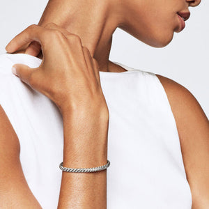 Sculpted Cable Bangle Bracelet in 18K White Gold with Diamonds, Size Medium