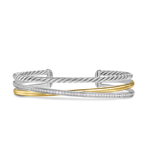 Crossover Three Row Bracelet in Sterling Silver with 18K Yellow Gold and Diamonds, 11mm, Size Medium