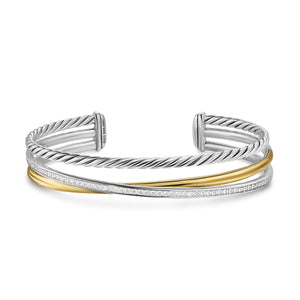 Crossover Three Row Bracelet in Sterling Silver with 18K Yellow Gold and Diamonds, 11mm, Size Medium