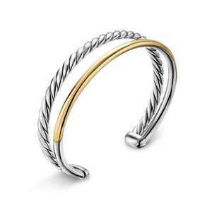 DY Mercer Two Row Cuff Bracelet in Sterling Silver with 18K Yellow Gold, 8mm