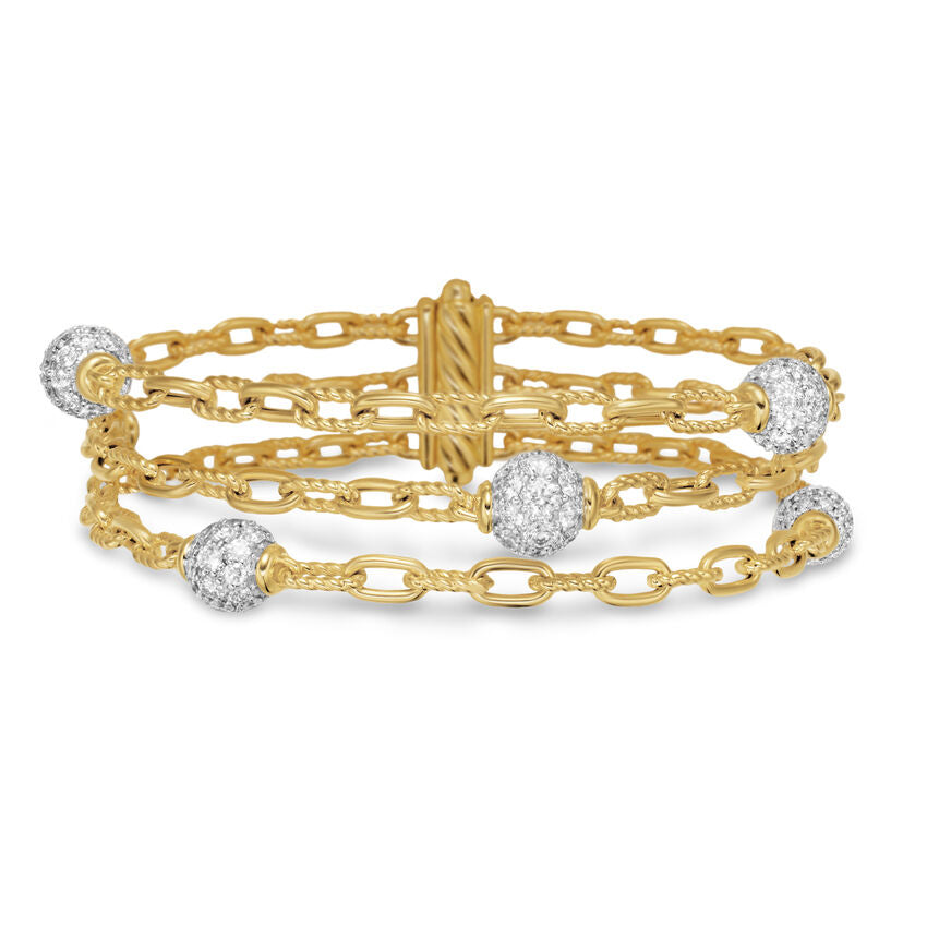 DY Madison Pavé Bead Multi Row Chain Bracelet in 18K Yellow Gold with Diamonds, 15mm