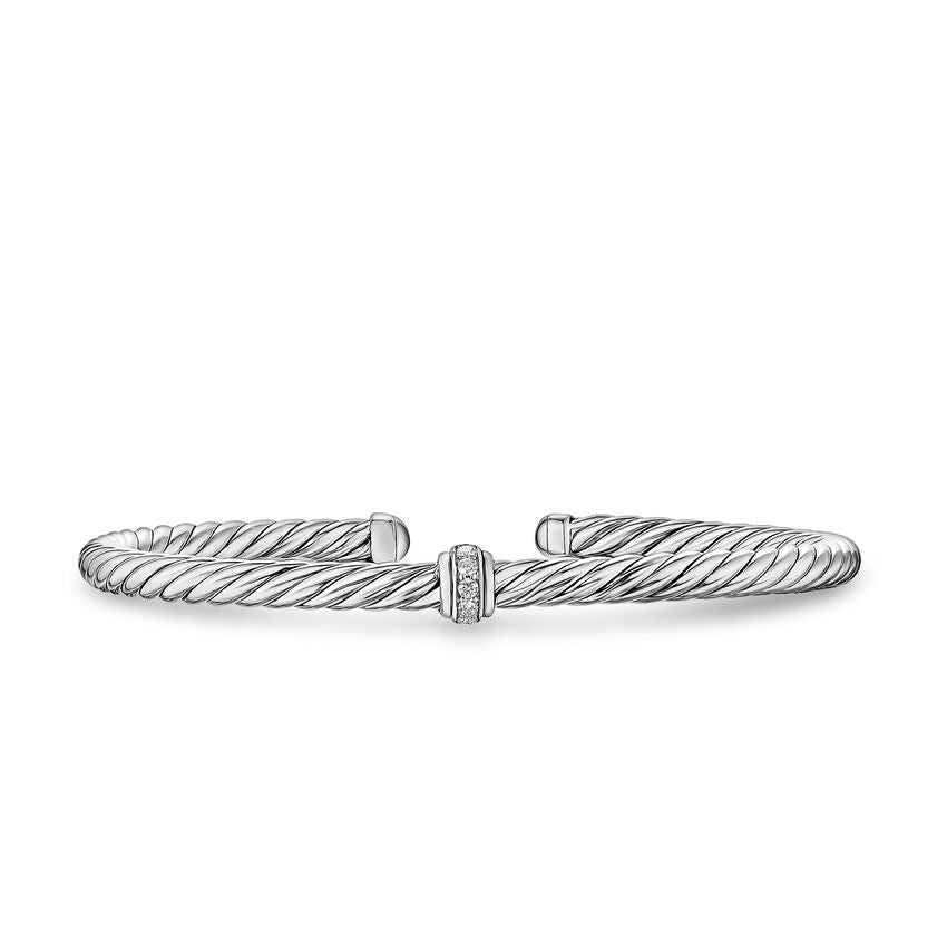 Cable Flex Station Cuff in Sterling Silver with Diamonds, 4mm